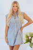 Stripe Frilled Sleeveless Collar Front Pocket Button Up Mini Dress