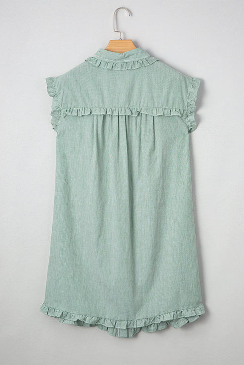 Stripe Frilled Sleeveless Collar Front Pocket Button Up Mini Dress