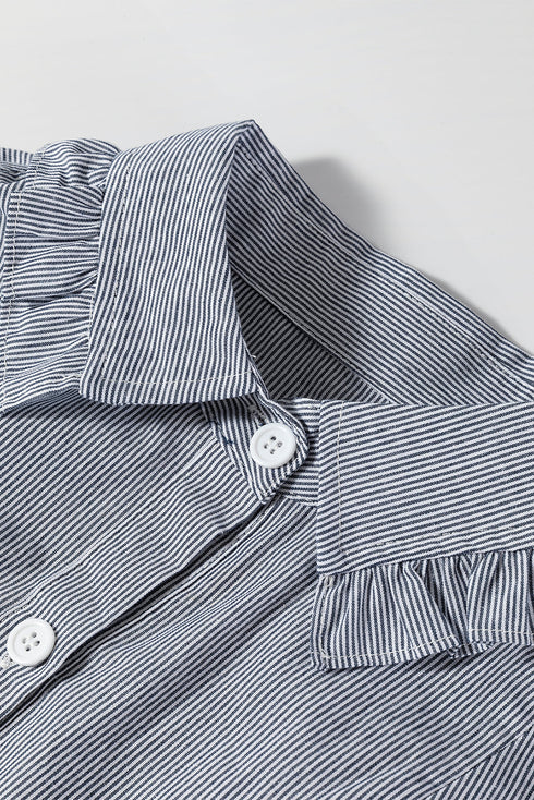 Stripe Frilled Sleeveless Collar Front Pocket Button Up Mini Dress