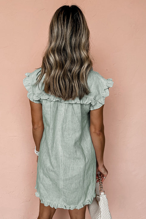 Stripe Frilled Sleeveless Collar Front Pocket Button Up Mini Dress
