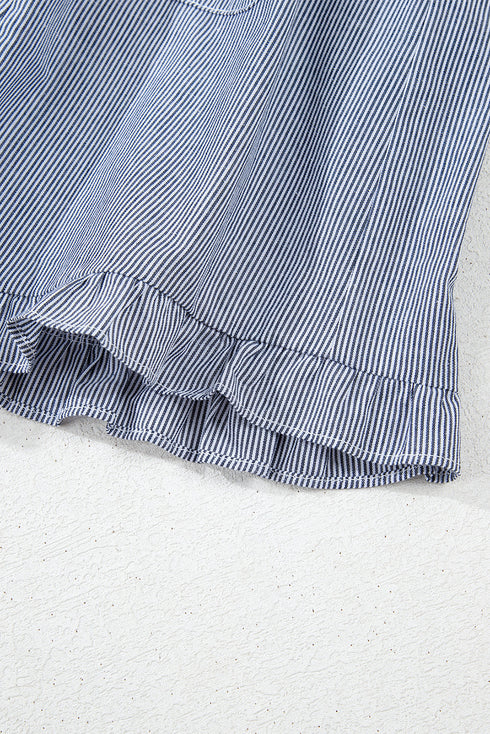 Stripe Frilled Sleeveless Collar Front Pocket Button Up Mini Dress