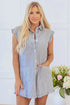 Stripe Frilled Sleeveless Collar Front Pocket Button Up Mini Dress