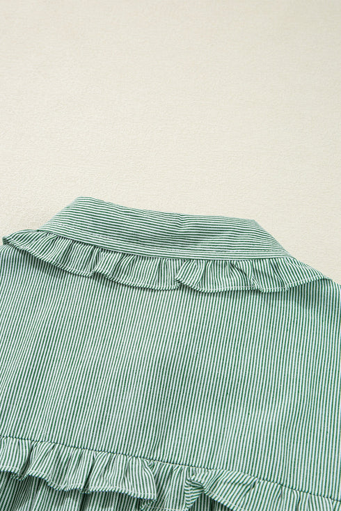 Stripe Frilled Sleeveless Collar Front Pocket Button Up Mini Dress