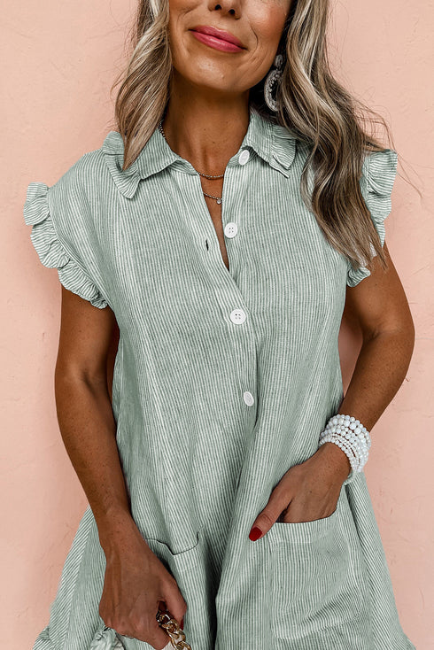 Stripe Frilled Sleeveless Collar Front Pocket Button Up Mini Dress