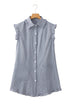Stripe Frilled Sleeveless Collar Front Pocket Button Up Mini Dress