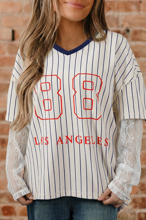 Stripe Graphic Lace Patchwork Faux Layered V Neck Top