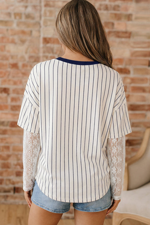 Stripe Graphic Lace Patchwork Faux Layered V Neck Top