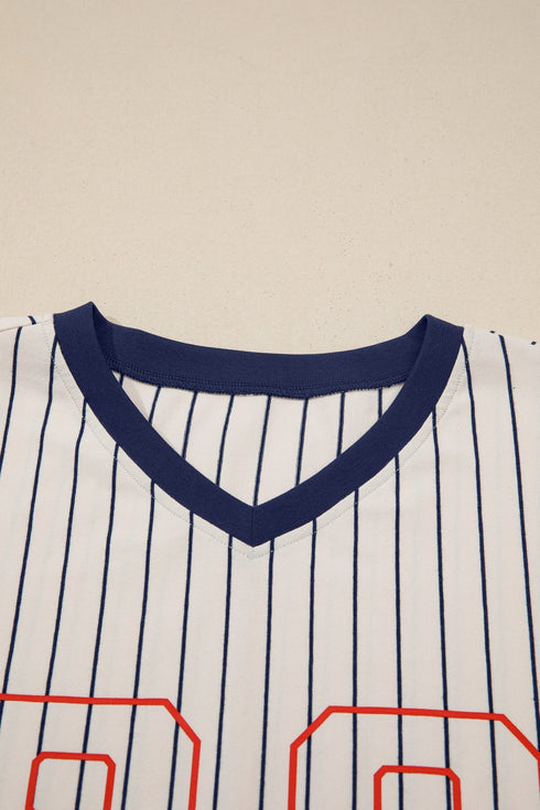 Stripe Graphic Lace Patchwork Faux Layered V Neck Top