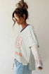 Stripe Graphic Lace Patchwork Faux Layered V Neck Top
