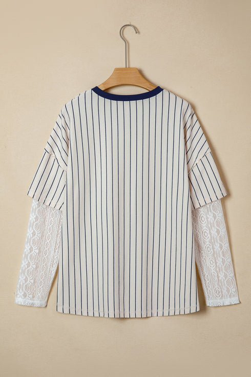 Stripe Graphic Lace Patchwork Faux Layered V Neck Top
