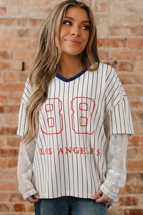 Stripe Graphic Lace Patchwork Faux Layered V Neck Top