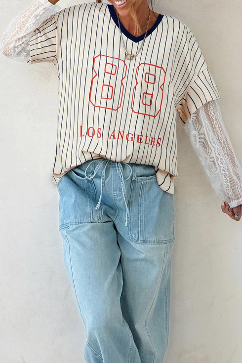 Stripe Graphic Lace Patchwork Faux Layered V Neck Top