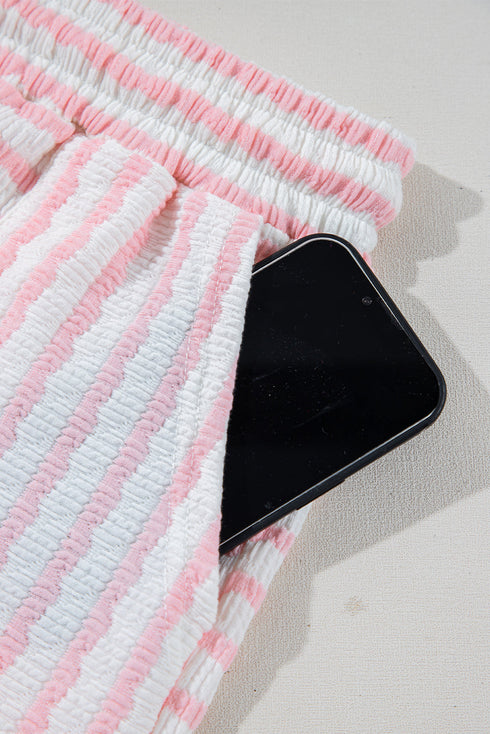 Stripe Knitted Short Sleeve Top and Drawstring Shorts Set