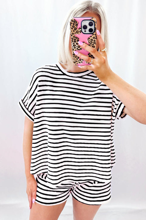 Stripe Knitted Short Sleeve Top and Drawstring Shorts Set