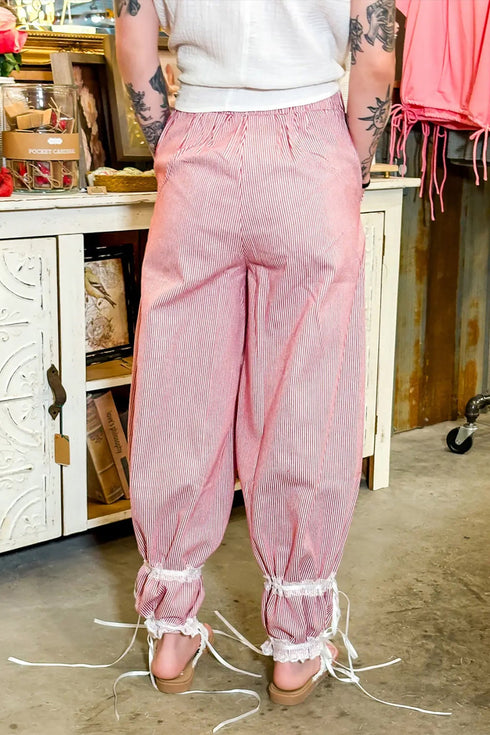 Stripe Lace Ribbon Tie Detail Wide Leg Pants