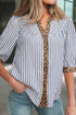 Stripe Leopard Trim V Neck Button Down Half Sleeve Shirt