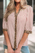 Stripe Leopard Trim V Neck Button Down Half Sleeve Shirt