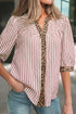 Stripe Leopard Trim V Neck Button Down Half Sleeve Shirt