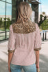 Stripe Leopard Trim V Neck Button Down Half Sleeve Shirt