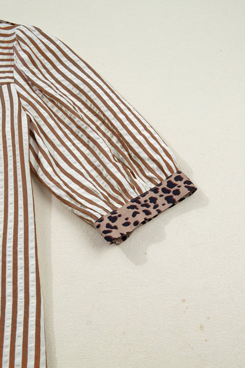 Stripe Leopard Trim V Neck Button Down Half Sleeve Shirt