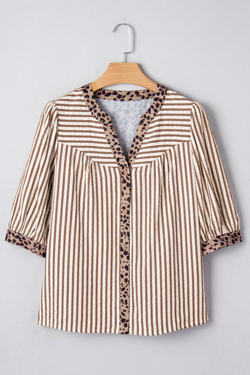 Stripe Leopard Trim V Neck Button Down Half Sleeve Shirt