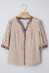 Stripe Leopard Trim V Neck Button Down Half Sleeve Shirt