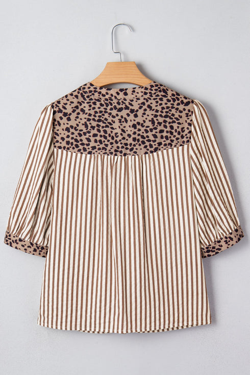 Stripe Leopard Trim V Neck Button Down Half Sleeve Shirt