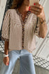 Stripe Leopard Trim V Neck Button Down Half Sleeve Shirt