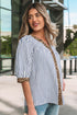 Stripe Leopard Trim V Neck Button Down Half Sleeve Shirt
