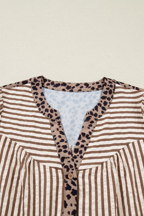 Stripe Leopard Trim V Neck Button Down Half Sleeve Shirt