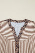 Stripe Leopard Trim V Neck Button Down Half Sleeve Shirt