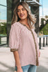 Stripe Leopard Trim V Neck Button Down Half Sleeve Shirt