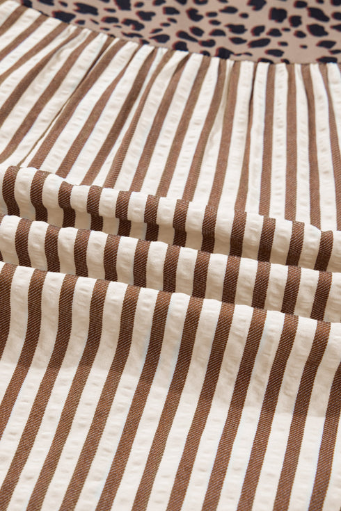 Stripe Leopard Trim V Neck Button Down Half Sleeve Shirt