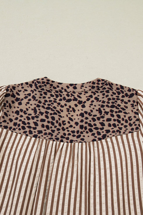 Stripe Leopard Trim V Neck Button Down Half Sleeve Shirt