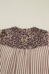Stripe Leopard Trim V Neck Button Down Half Sleeve Shirt