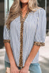 Stripe Leopard Trim V Neck Button Down Half Sleeve Shirt