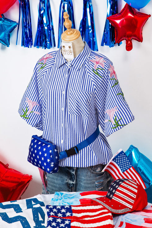 Stripe Lily Floral Embroidered Puff Sleeve Button Down Shirt