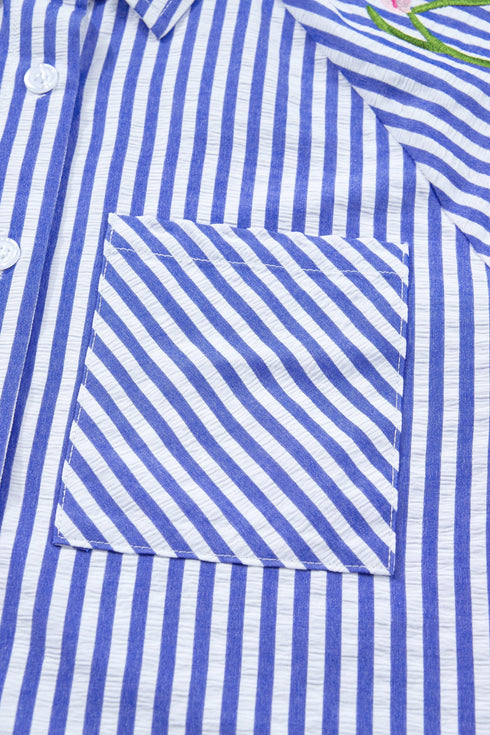 Stripe Lily Floral Embroidered Puff Sleeve Button Down Shirt