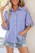 Stripe Lily Floral Embroidered Puff Sleeve Button Down Shirt