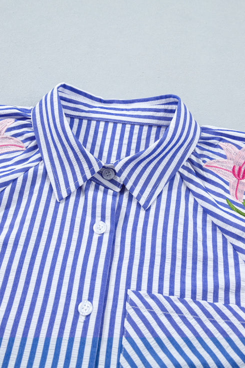 Stripe Lily Floral Embroidered Puff Sleeve Button Down Shirt