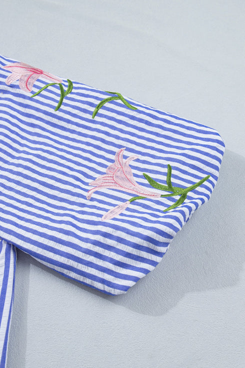 Stripe Lily Floral Embroidered Puff Sleeve Button Down Shirt
