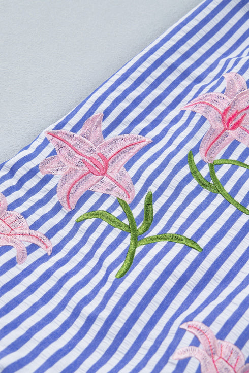 Stripe Lily Floral Embroidered Puff Sleeve Button Down Shirt