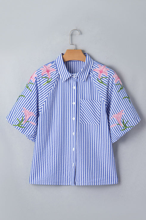 Stripe Lily Floral Embroidered Puff Sleeve Button Down Shirt