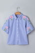 Stripe Lily Floral Embroidered Puff Sleeve Button Down Shirt