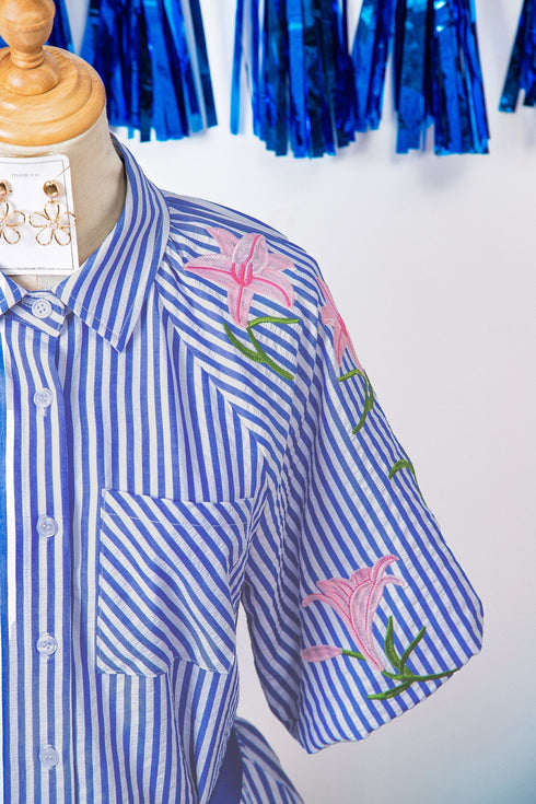 Stripe Lily Floral Embroidered Puff Sleeve Button Down Shirt