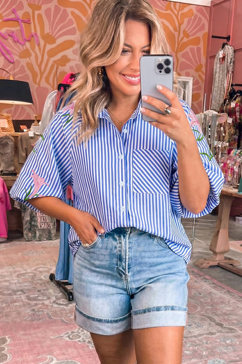 Stripe Lily Floral Embroidered Puff Sleeve Button Down Shirt