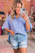 Stripe Lily Floral Embroidered Puff Sleeve Button Down Shirt