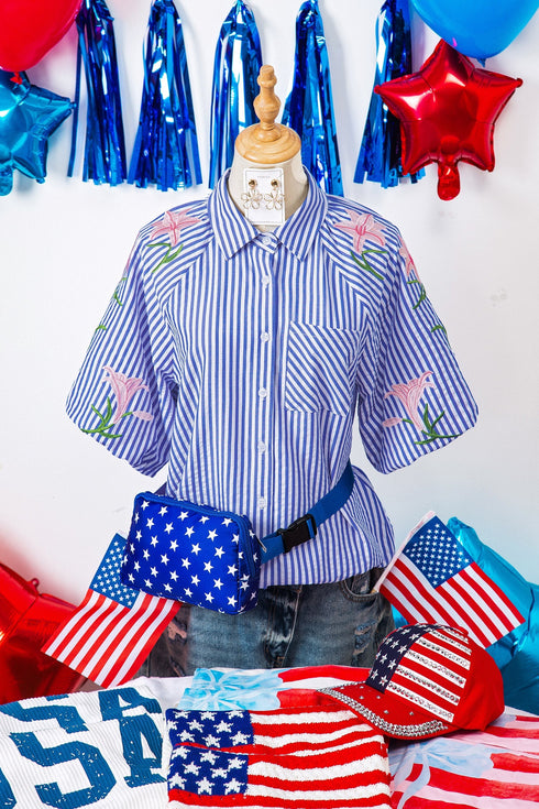 Stripe Lily Floral Embroidered Puff Sleeve Button Down Shirt