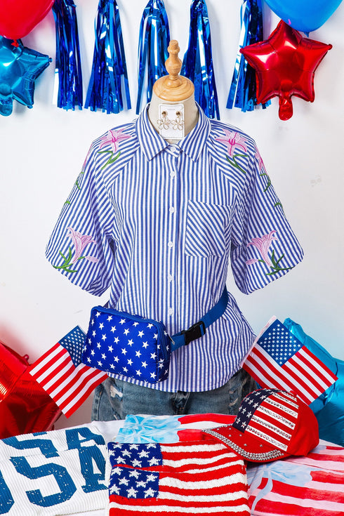 Stripe Lily Floral Embroidered Puff Sleeve Button Down Shirt