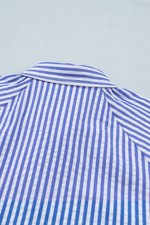 Stripe Lily Floral Embroidered Puff Sleeve Button Down Shirt